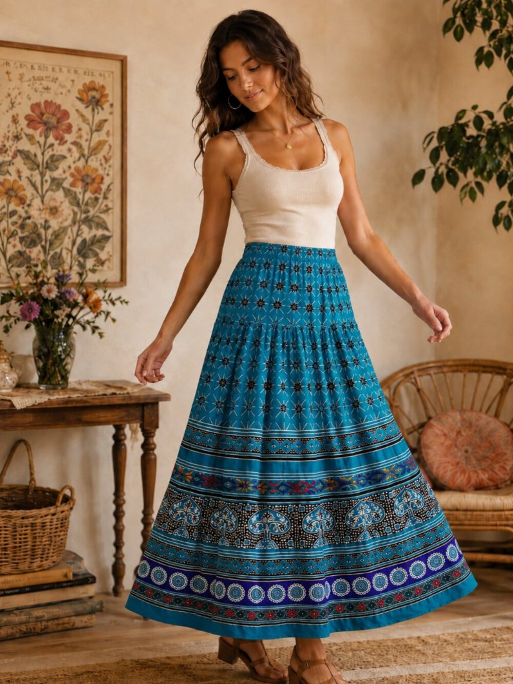 Vintage L. Rothschild San Francisco Teal Blue Rayon Maxi Skirt Size M - Picture 2 of 7